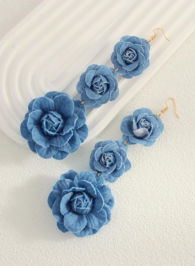 DATOA Boho Denim Camellia Flower Dangle Hook Long Earrings for Women 3 Layered Tiered Blossom Dangling Drop Gold Plated Earring Chic Jewelry Gifts Wedding Bridal - Blue - Image 2